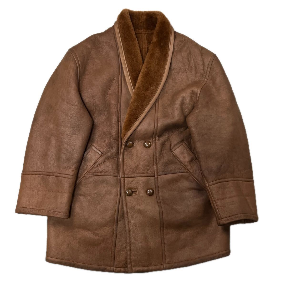 VINTAGE ムートンジャケット　アウター　ハーフコート　メンズ　ダブル　くるみボタン リアルムートン ムートンコート　ブラウン　古着