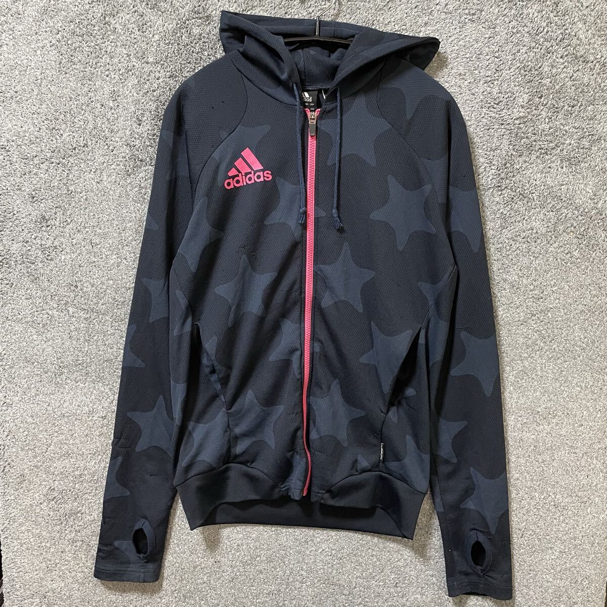 【G黒】adidas アディダス トラックジャケット ジャージ サイズ ネイビー 紺色 スター 総柄 ロゴ レディース トップス 最落なし