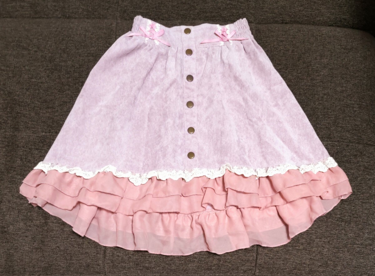 axes femme kids スカート リボン付き ピンク LL 140 コーデュロイ チュール・レース付き 後ろ側が長い アクシーズファム フェミニン