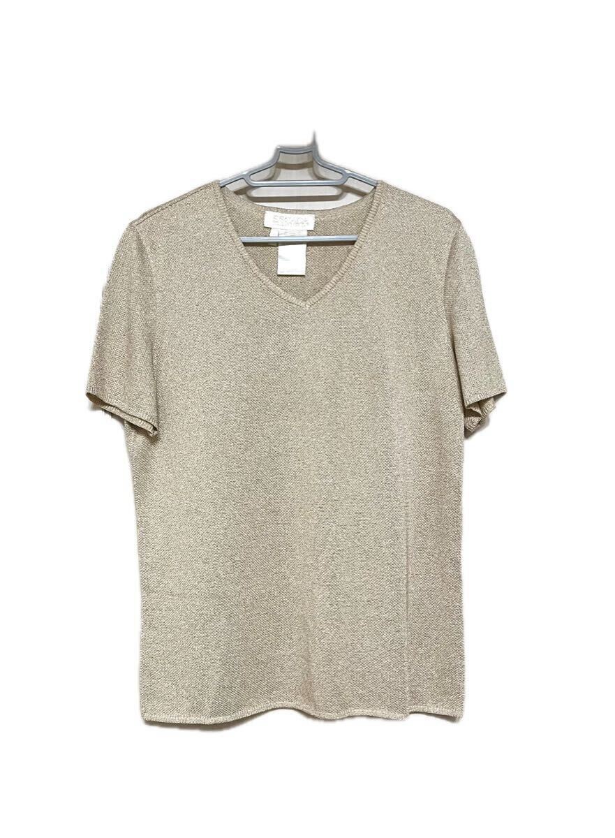極美品◇最高級ESCADA エスカーダ ラメ入りメッシュ編み 洗える 半袖トップス 42 ( L~LL )Tシャツ Vネック カットソー ベージュ ドイツ製二手;物流保障;接近未使用