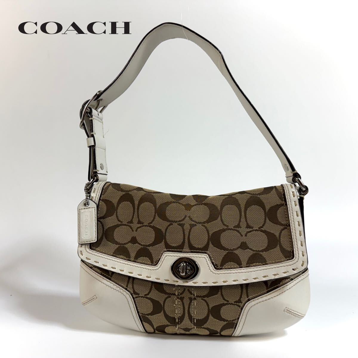 【美品】COACH コーチ キャンバス レザー シグネチャー ハンドバッグ ワン ショルダーバッグ ホワイト ブラウン