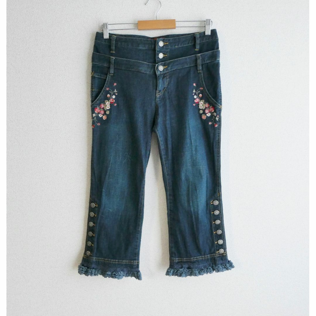 PINK HOUSE　苺刺繍 裾レース ストレッチ クロップドデニムパンツ没有明显的损伤或污渍