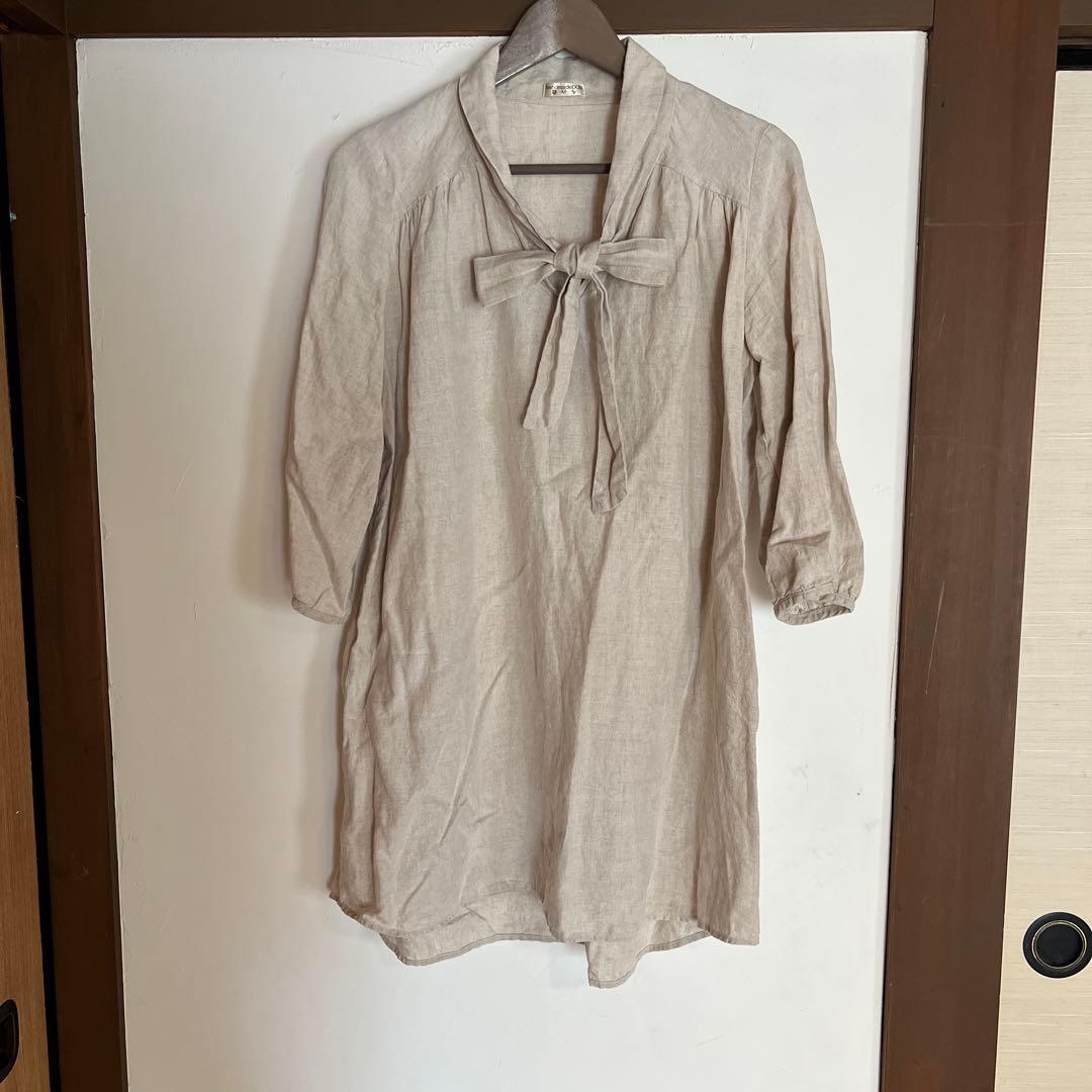 handmadeDCN リボン付き シャツ　シャツワンピース　ベージュ