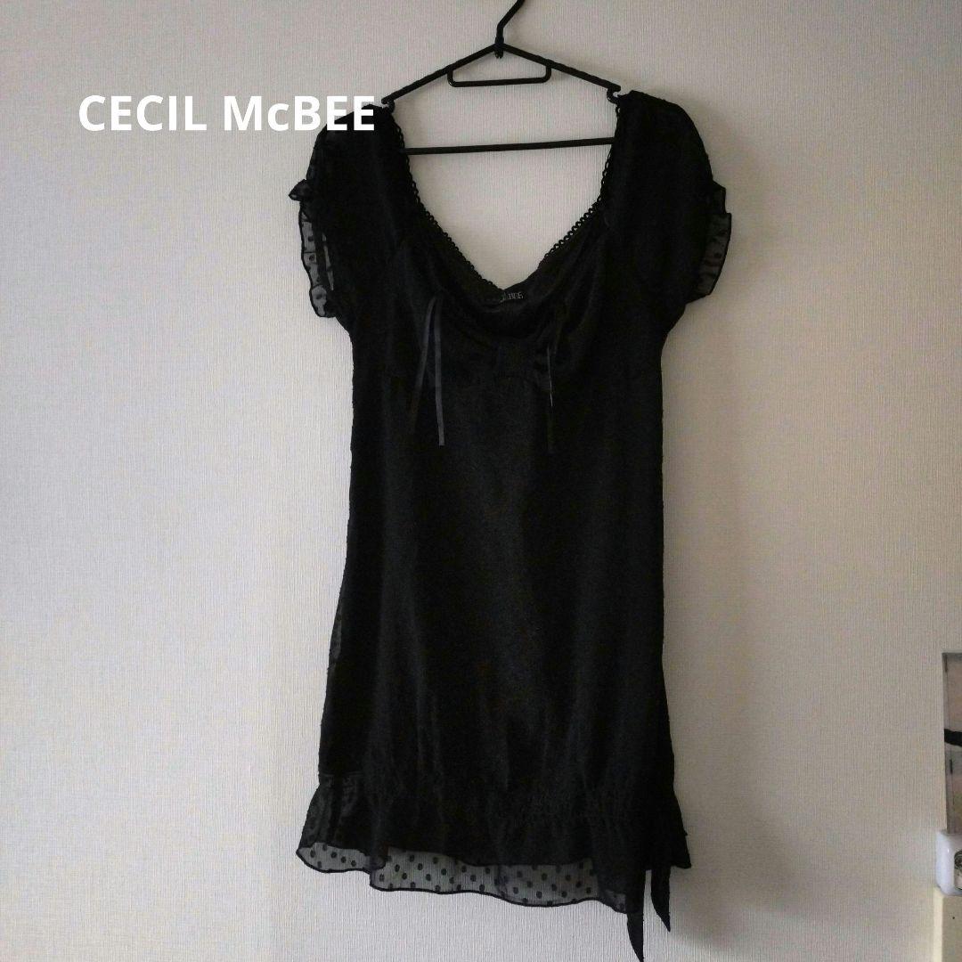 CECIL McBEE★ ドット柄シフォン半袖チュニック ブラックCECIL McBEE;没有明显的损伤或污渍