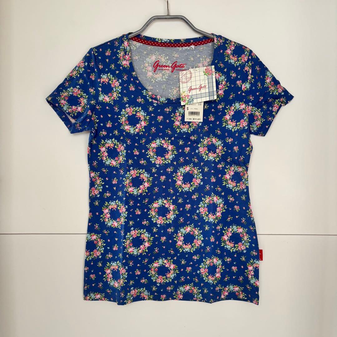 新品 ユニクロ グリーンゲート クルーネックT 半袖 Tシャツ 花柄 ブルー S