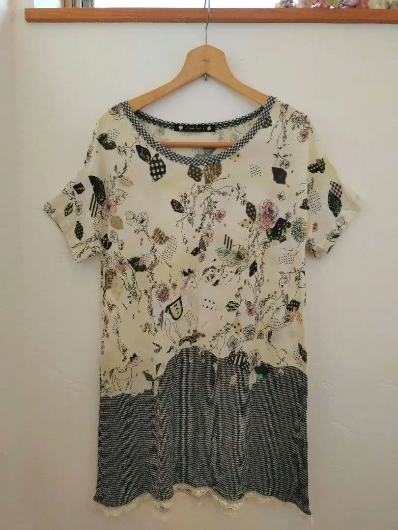 【franche lippee】 花柄ストライプ半袖チュニックワンピース