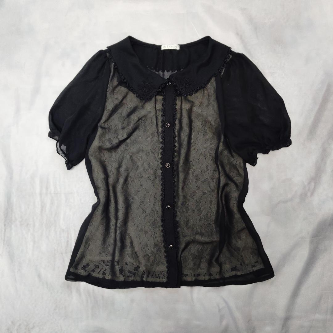 axes femme ダークコア シアーブラウス 黒 白レース 半袖 Maxes femme;没有明显的损伤或污渍